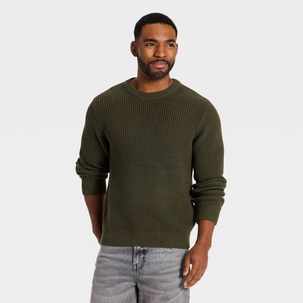 Men's Long Sleeve Cotton Textured Crewneck Pullover Sweater - Olive Green M